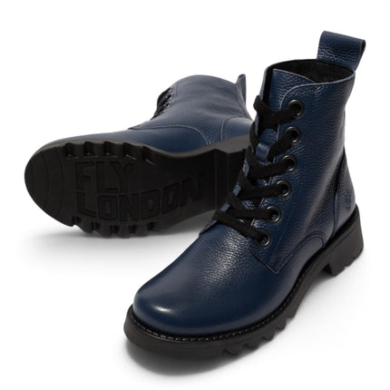 Fly London Womens Navy Blue Leather Lace-Up Heeled Ankle Boots - RAMY488