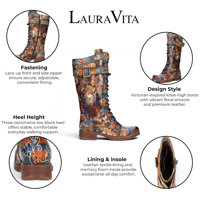 Laura Vita Women's Blue Floral Victorian Leather High Combat Long Boots - Anitao-21