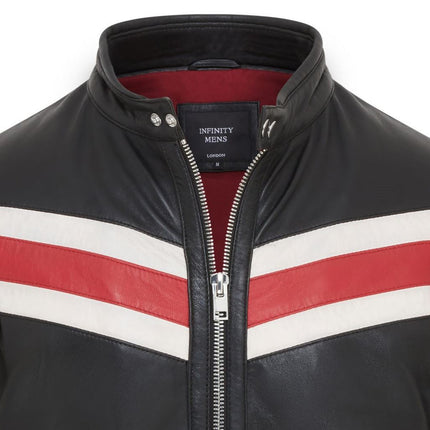 Men's Black Striped Café Racer Biker Leather Motorcycle Jacket
