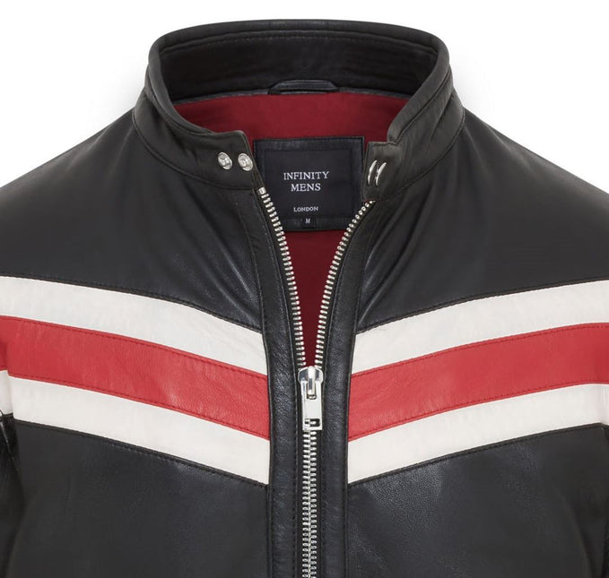 Men's Black Striped Café Racer Biker Leather Motorcycle Jacket