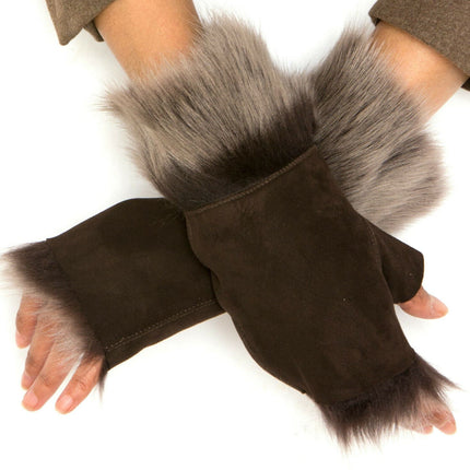 Womens Shearling  Mittens Fingerless Cuffs Toscana Suede Sheepskin Fur