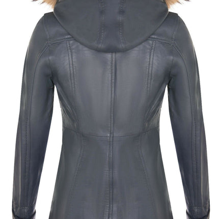Womens Warm Leather Hooded Parka Jacket-Northwich