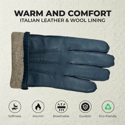 Men’s Navy Blue Italian Leather Warm Wool Lining Winter Stich Design Gloves - M-LGV-205