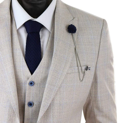 Mens 3 Piece Cream Check Tweed Herringbone Vintage Classic Suit