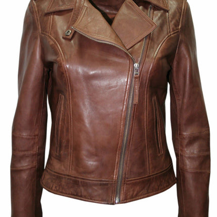 Womens Chestnut Leather Biker Jacket-Reynosa