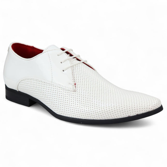 Men’s White Pointed Toe Formal Lace Up Perforated Shoes
