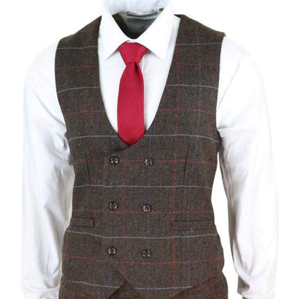 Mens 3 Piece Dark Brown Check Tweed Herringbone Vintage Classic Suit