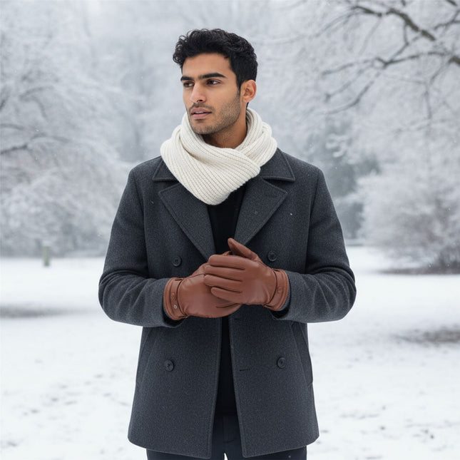 Men’s Tan Brown Italian Leather Warm Wool Lining Winter Knit Rib Gloves - M-LGV-105