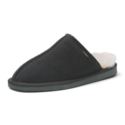 Men's Genuine Sheepskin Olive Green Suede Mule Winter Warm Non-Slip - Highland