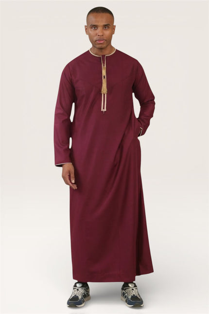 Men's Ramadan Burgundy Red Moroccan Thobe Robe Emirati Eid Jubba- TT-003