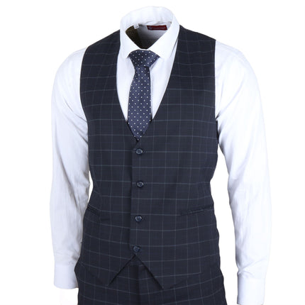 Men's Navy Checked 3 Piece Suit Tailored Fit