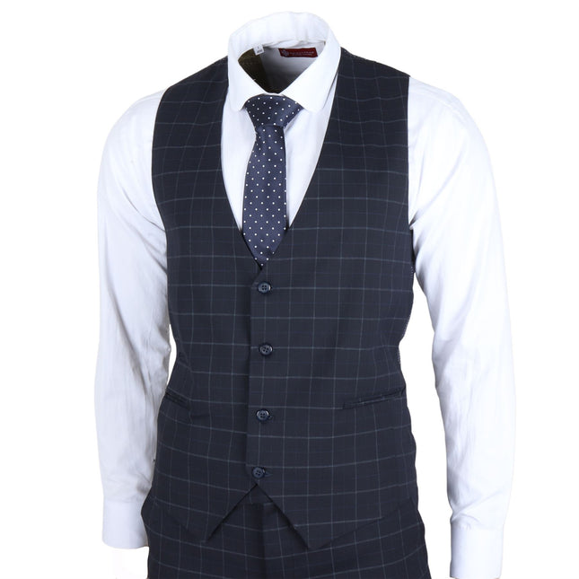 Men's Navy Checked 3 Piece Suit Tailored Fit