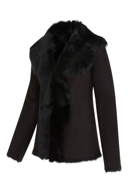 Women's Black Sheepskin Toscana Shearling Suede Leather Jacket - Noiré