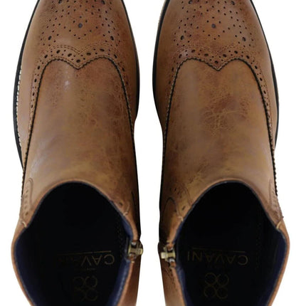 Mens Tan Leather Brogue Zip Up Chelsea Boots
