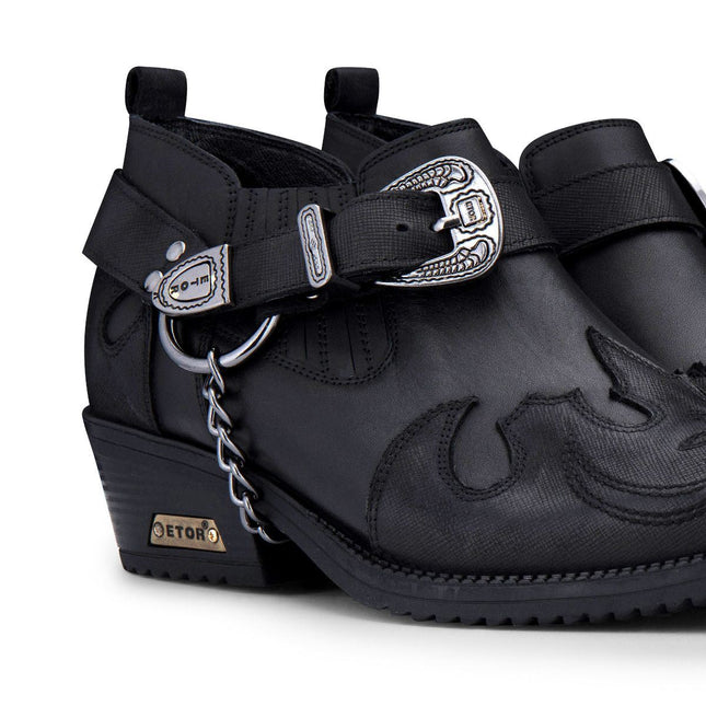 Men's Black Leather Metal Chain Winklepicker Cowboy Boots