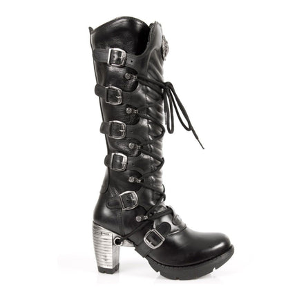 New Rock Ladies Black Buckle Laced Knee-High Boots - TR004-S1