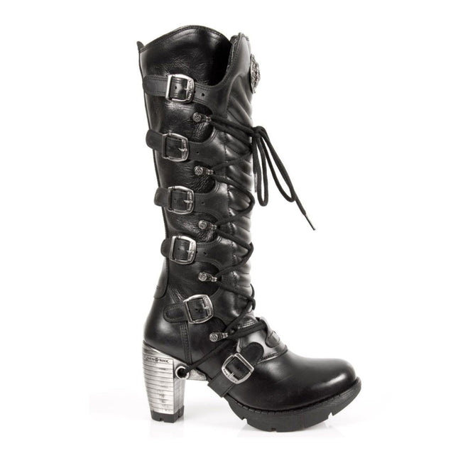 New Rock Ladies Black Buckle Laced Knee-High Boots - TR004-S1