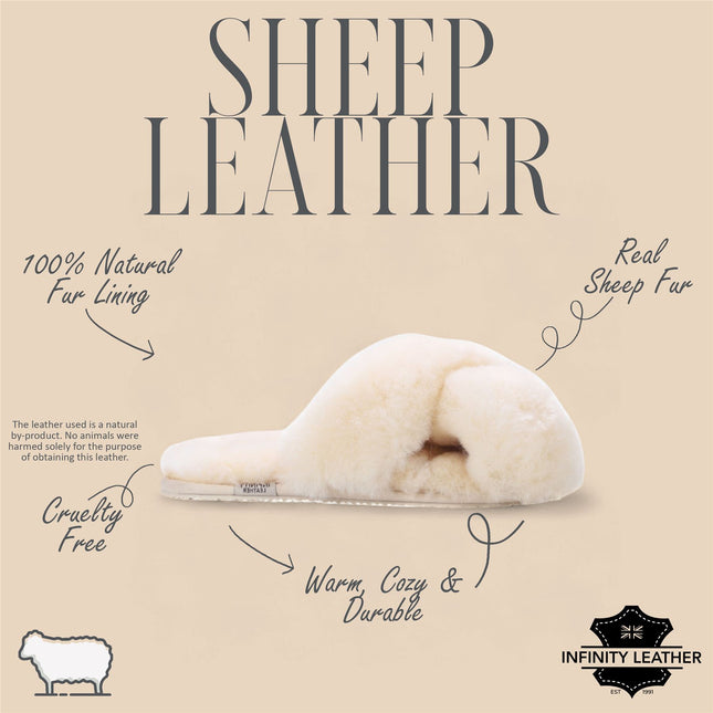 Women's Sheepskin Slippers Beige Warm Winter Fur Crossover - Snowbelle