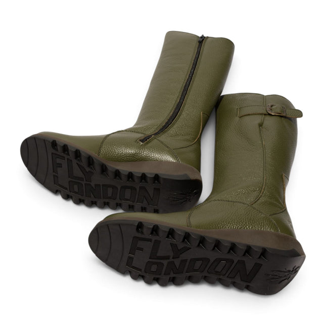 Fly London Womens Military Green Leather Wedge Heel Knee High Long Boots - MOL2