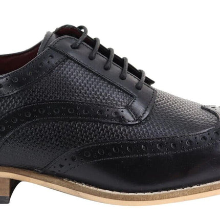 Mens Classic Oxford Brogue Shoes In Patterned Black Leather