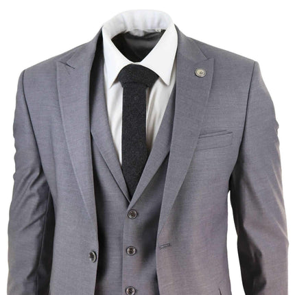 New Mens 3 Piece Suit Plain Grey Classic Tailored Fit Smart Casual 1920s Formal