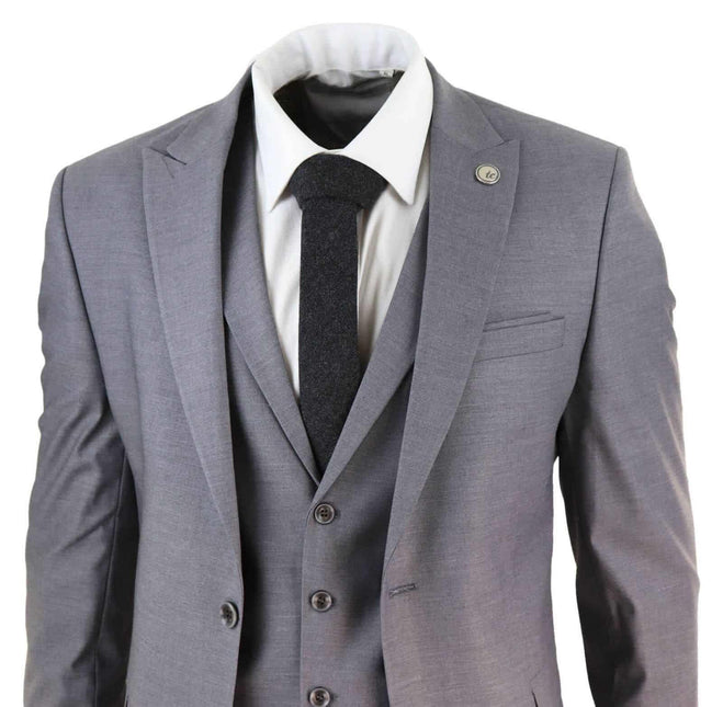 New Mens 3 Piece Suit Plain Grey Classic Tailored Fit Smart Casual 1920s Formal