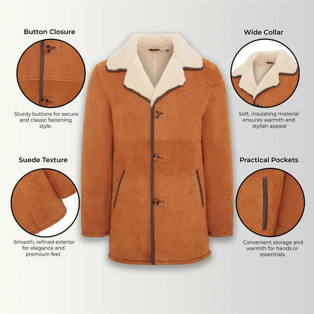 Men's Classic Tan Sheepskin Leather Car Coat