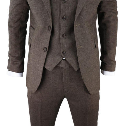 Mens Brown 3 Piece Tweed Herringbone Suit Peaky Blinders Classic Tailored