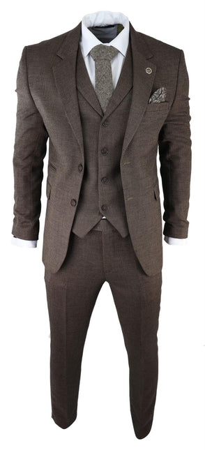 Mens Brown 3 Piece Tweed Herringbone Suit Peaky Blinders Classic Tailored