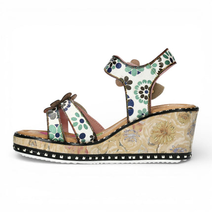 Laura Vita Women's Ballon 08 Beige Floral Leather Wedge Espadrille Sandals