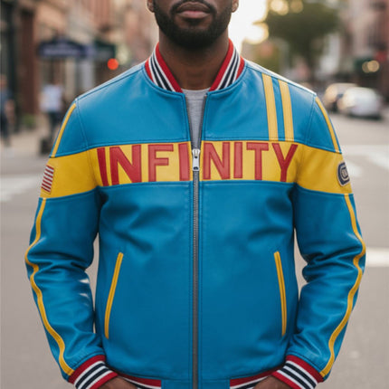 Men's Blue Leather Track Racing Bomber Biker Jacket - Player