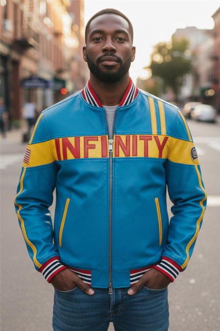 Men's Blue Leather Track Racing Bomber Biker Jacket - Player