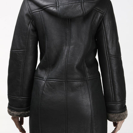 Womens Black Shearling Hooded Duffle Coat-Lille