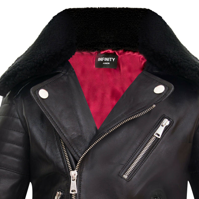 Kids Boys 100% Leather Detachable Collar Biker Jacket