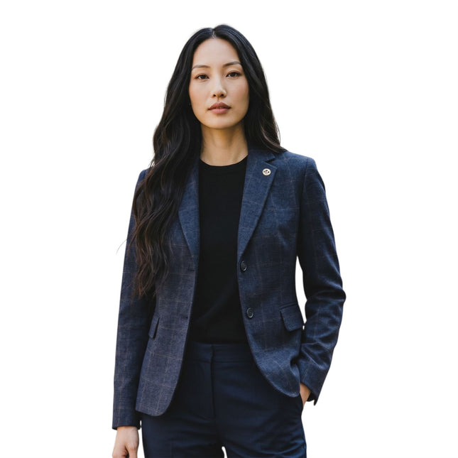 Women's Navy 2 Piece Check Formal Tweed Blazer & Waistcoat Set - TPSTZ-7