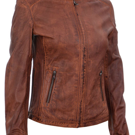 Womens Tan Leather Biker Jacket-Prague