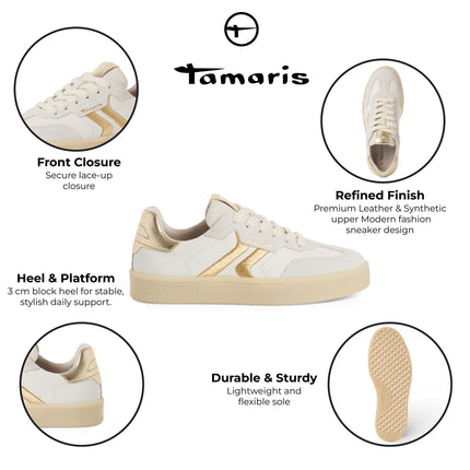 Tamaris Women's White Leather Golden Stripes Trainers Sneaker Shoes