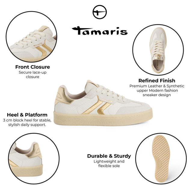 Tamaris Women's White Leather Golden Stripes Trainers Sneaker Shoes