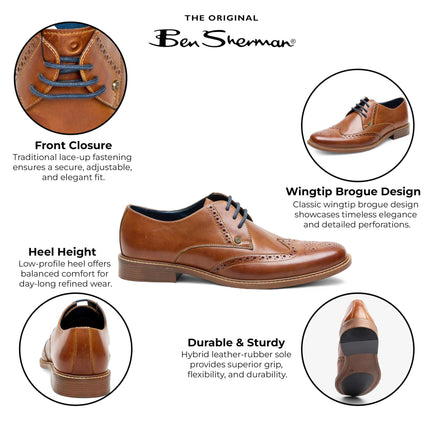 Ben Sherman Men's Tan Leather Wingtip Oxford Brogue Dress Shoes - Andy