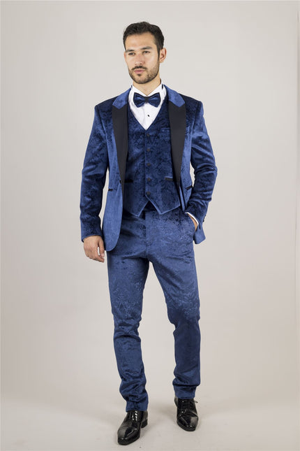 Men's Blue 3 Piece Velvet Wedding Tuxedo Formal Suit
