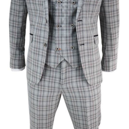 Mens 3 Piece Grey Check Retro Vintage Classic Suit