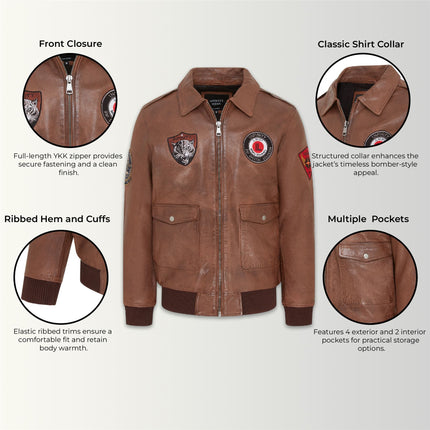 Men's Tan Brown Leather Bomber G-1 Aviator Collar Jacket  - Maverick