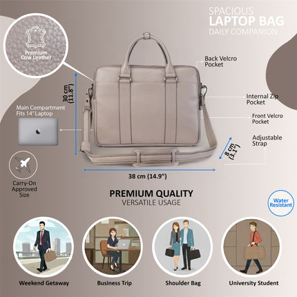 Genuine Leather Grey Laptop Business Briefcase Office Work Travel Bag - Sutton