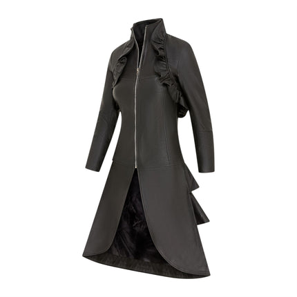 Womens Goth Black Leather High Collar Victorian Flare Tailcoat - Challa