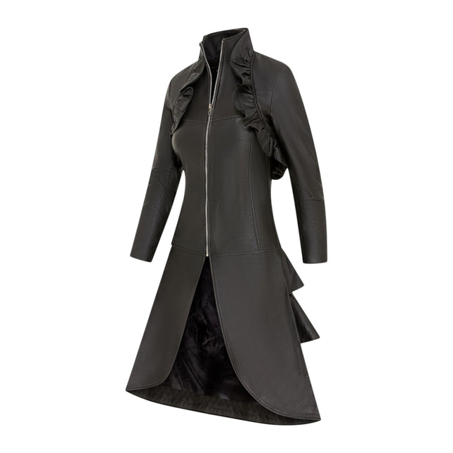 Womens Goth Black Leather High Collar Victorian Flare Tailcoat - Challa