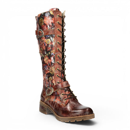 Laura Vita Women's Victorian Floral Maroon Leather High Lace-Up Long Boots - Cocrailo-82