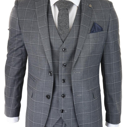 Mens Grey Suit 3 Piece Check Vintage Retro Smart Wedding Classic Tailored Fit