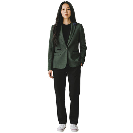 Women's Green Check Wool Blend Herringbone Tweed Tailored Blazer - Caridi