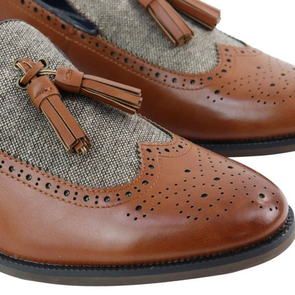 Mens Tasselled Tan Leather Tweed Slip On Loafers