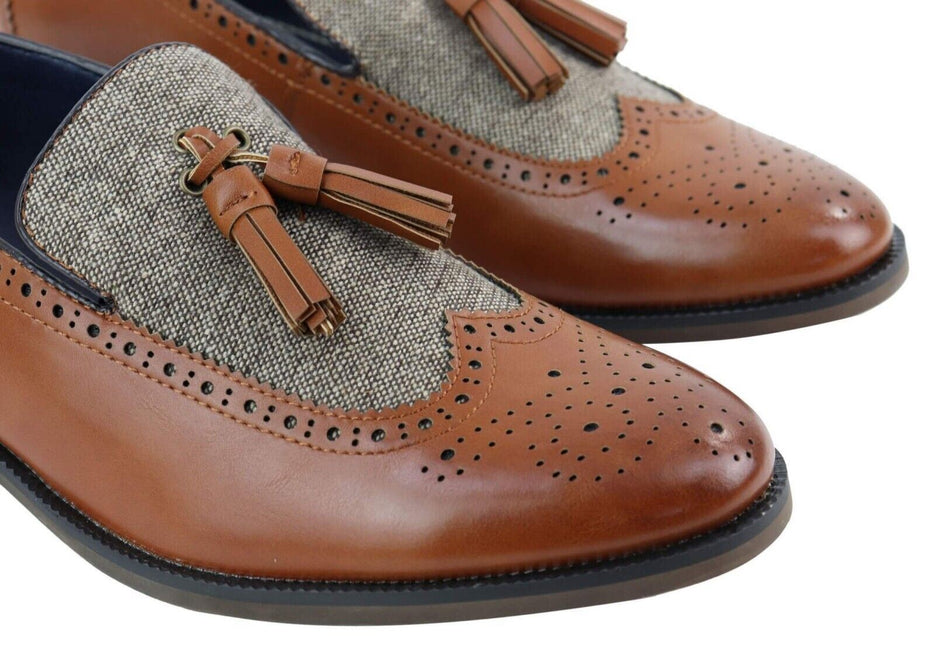 Mens Tasselled Tan Leather Tweed Slip On Loafers